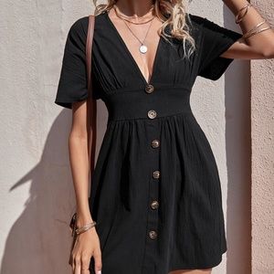 Button Front Deep V Neck A-line Dress